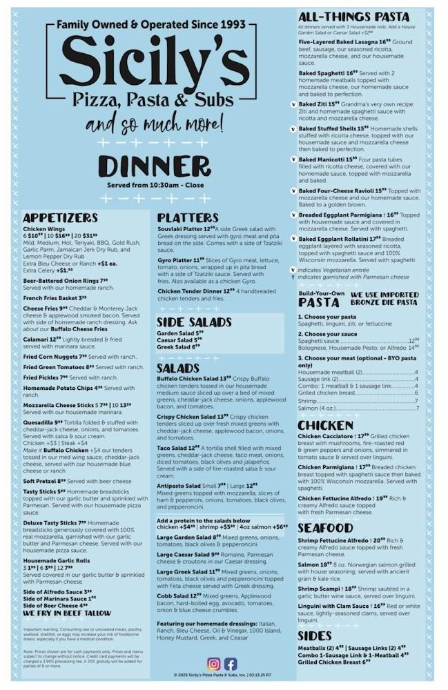 Sicily's Pizza, Pasta & Subs Menu image 1